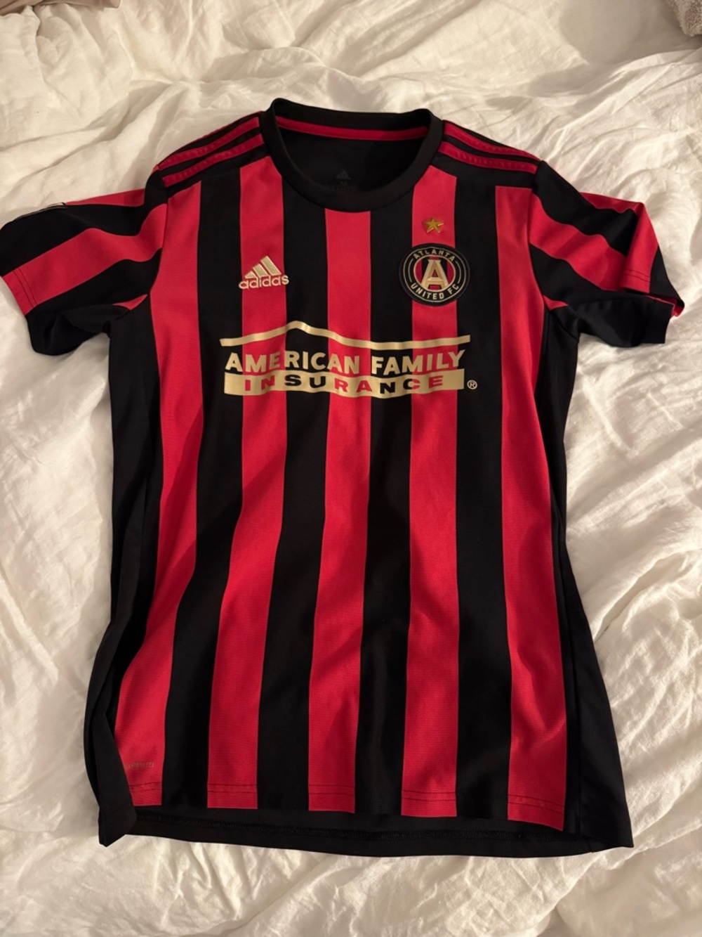 Adidas Atlanta United Red and Black Striped Soccer Jersey with Crest